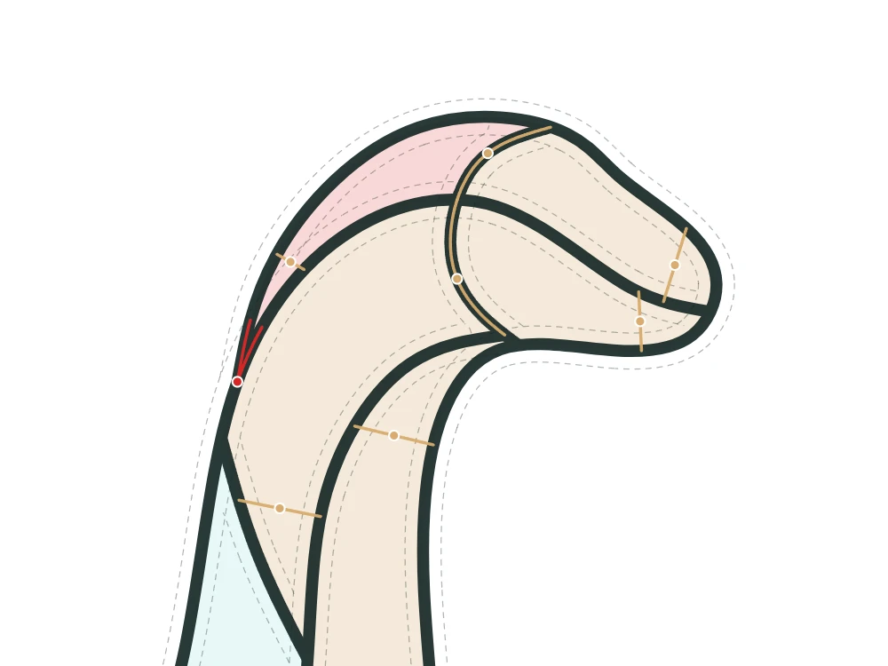 A close-up of the Nessie panel's head, with a sharp point marked in red and gold marks across two narrow necks