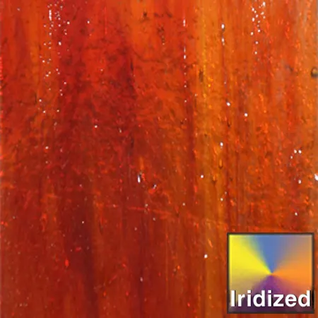 Amber/Cerise Ruby Streaky Iridized: Smooth glass, Kokomo 104IR